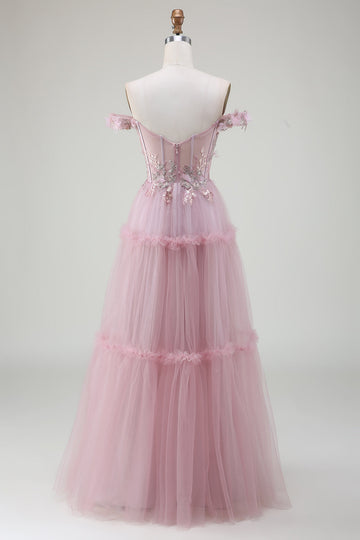 Pink A-Line Off the Shoulder Tulle Long Ball Dress with Appliques